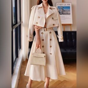 Elegant stylish set of short windbreaker coat+high-waist double-breasted skirt